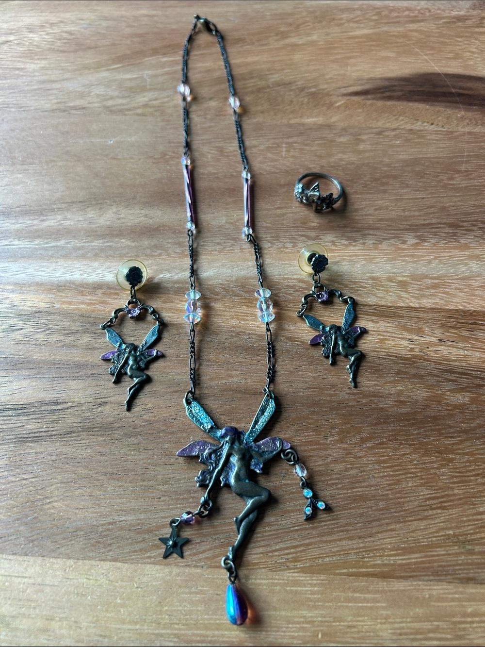Vintage Fantasy Fairy Costume Jewelry Set: Necklace, Pierced Earrings, Ring